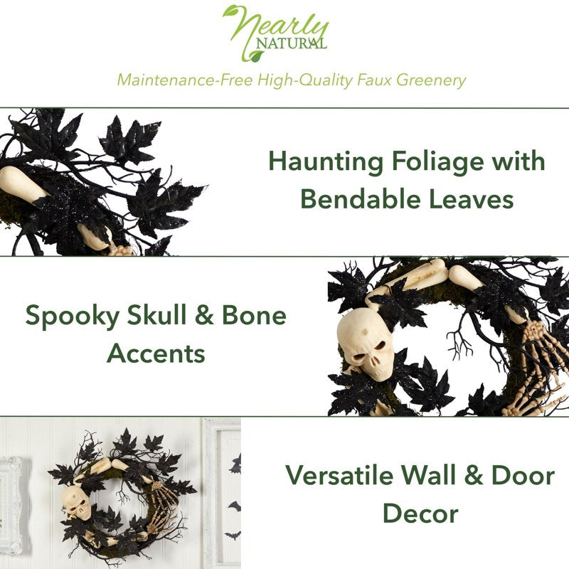 Halloween Skull and Bones Wreath - 24 Inch Artificial Decor for Door or Wall