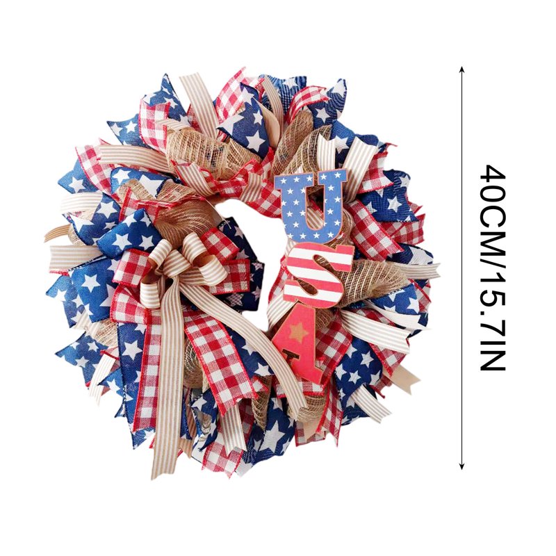 4th of July Patriotic Wreath for Front Door - Red White Blue Flower Wreath - Variation C