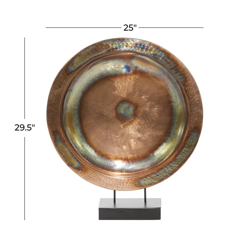 Large Copper Metal Weathered Disk Plate Sculpture with Stand - 25" x 30"