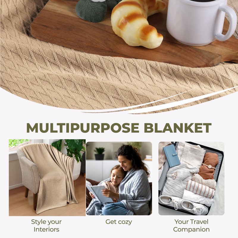 All-Season Cotton Bed Blanket - Twin, Khaki - Superior Diamond Weave
