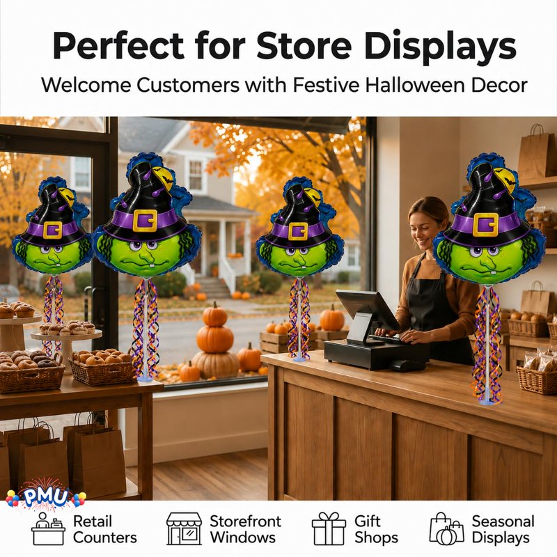 PMU Halloween Pre-Inflated 9 Inch Witch Face Balloons on Stick - Pkg of 1