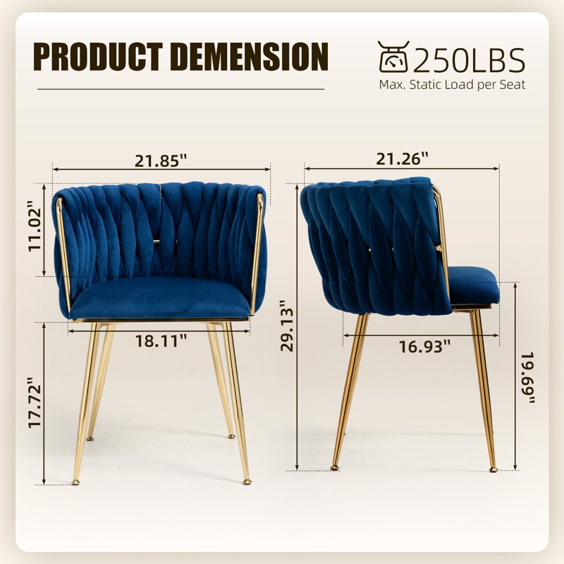 Velvet Dining Chairs Set of 2 - Navy Blue with Metal Legs
