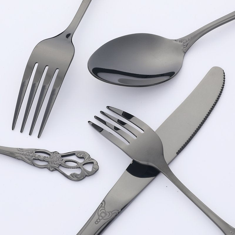 20-Piece Stainless Steel Floral Flatware Set - Black