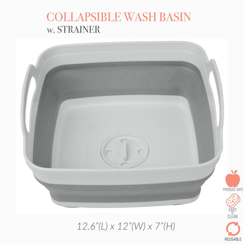 Self Draining Collapsible Plastic Wash Basin - Gray