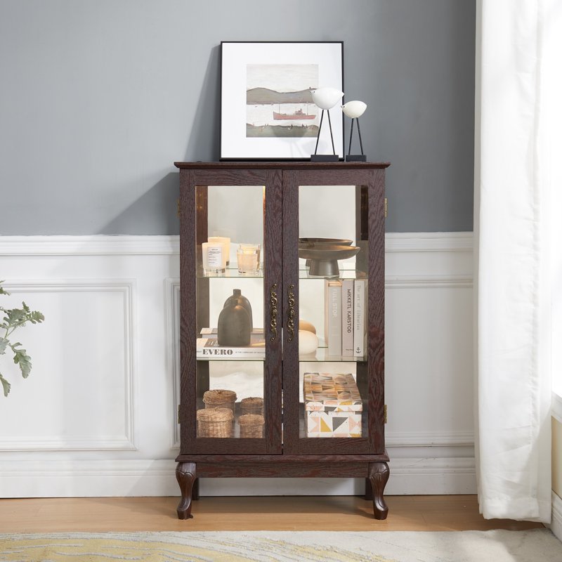 Curio Display Cabinet with Light & Tempered Glass Doors - Dark Walnut