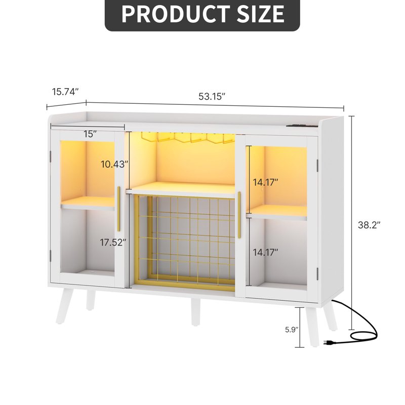 Wine Bar Cabinet with Power Outlet & RGB LED Light - White