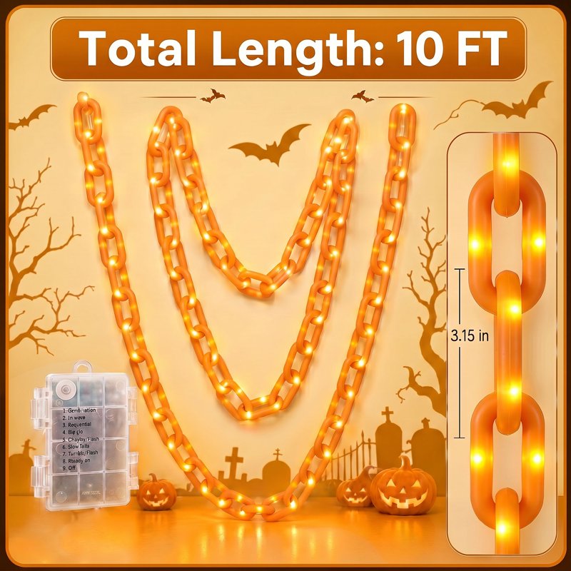 Halloween Chain Lights 10ft Orange Waterproof LED String with 8 Modes - Battery Operated
