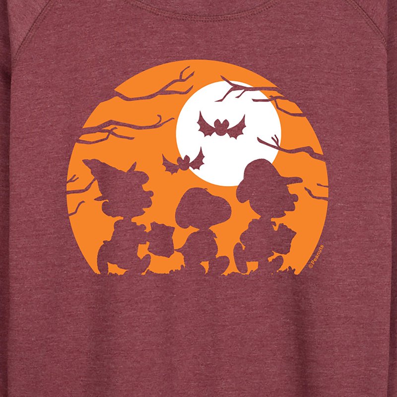 Peanuts Trick Or Treat Silhouettes Lightweight French Terry Wide Neck Long Sleeve Shirt - Heather Maroon S