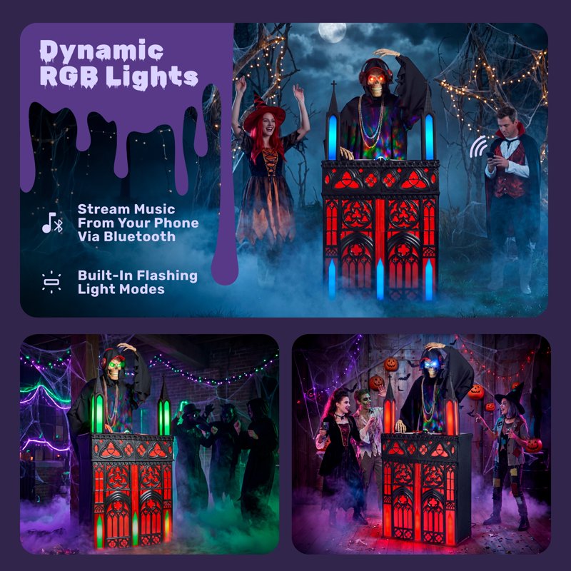 6ft Halloween Animatronic DJ Reaper with Bluetooth, RGB Lights & Motion Sensor