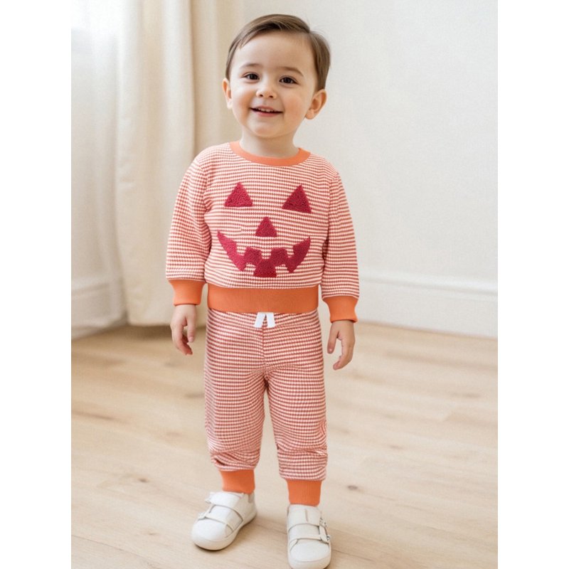 Toddler Boys Girls Halloween 2-Piece Pants Outfit Set - Pumpkin Embroidery & Striped Pants, Style 26, 2-3 Years
