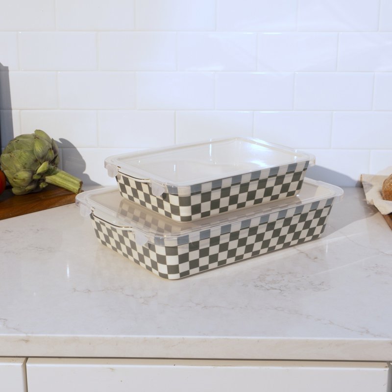 Moss Green 4-Piece Checkered Ceramic Casserole Dish Set with Lids