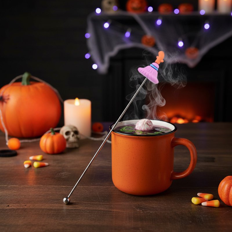 Halloween Pink Stainless Steel Cocktail Mixing Spoon with Ghost & Witch Hat Designs