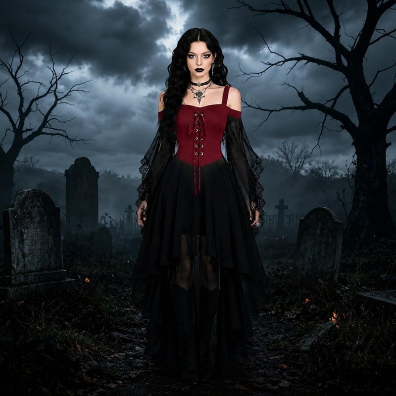 Women's Gothic Witch Dress with Butterfly Sleeves - Red, Large