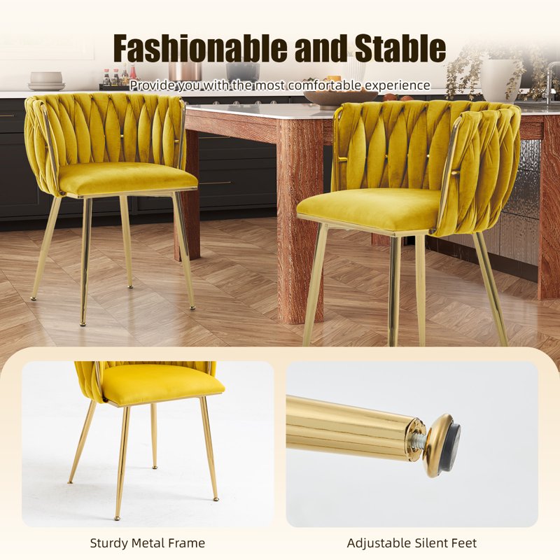 Velvet Dining Chairs Set of 2 - Yellow with Metal Legs