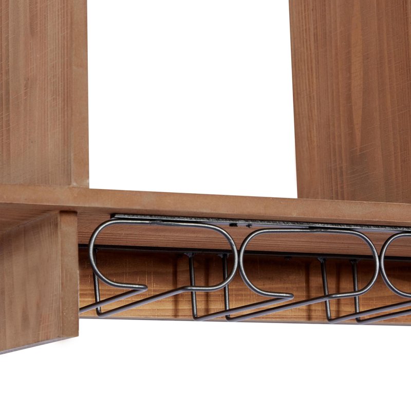 34" Brown Wood Geometric 8-Bottle Wall Wine Rack with Glass Holder