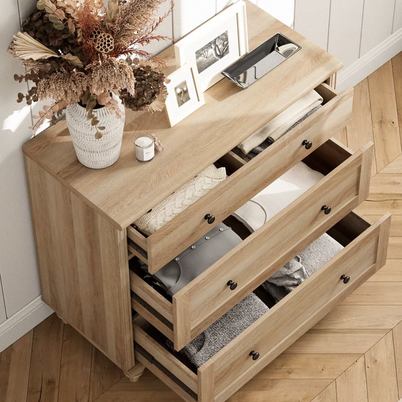 3-in-1 TV Stand for 75-90 Inch TVs - Oak Entertainment Center with Drawer & Glass Door