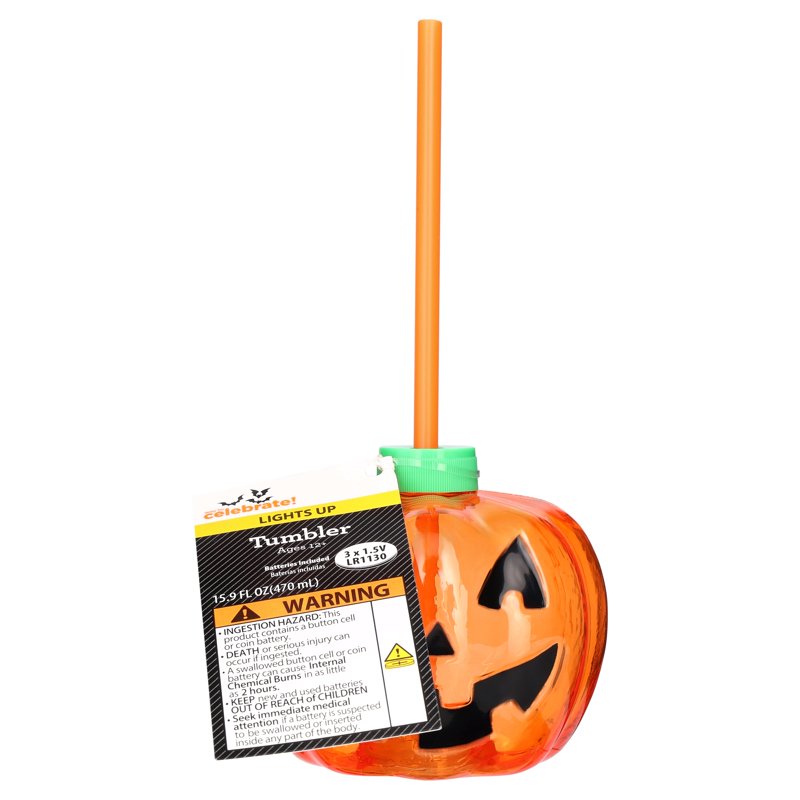 Light-Up Jack-o'-Lantern Tumbler - Halloween Reusable Drinkware with LED Light, 15.9 oz