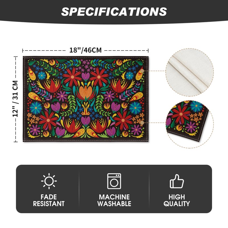 Mexican Dia De Los Muertos Table Place Mats - Multicolor 12x18 Inches, Set of 4 - Party Kitchen Dining Decoration Variation 1