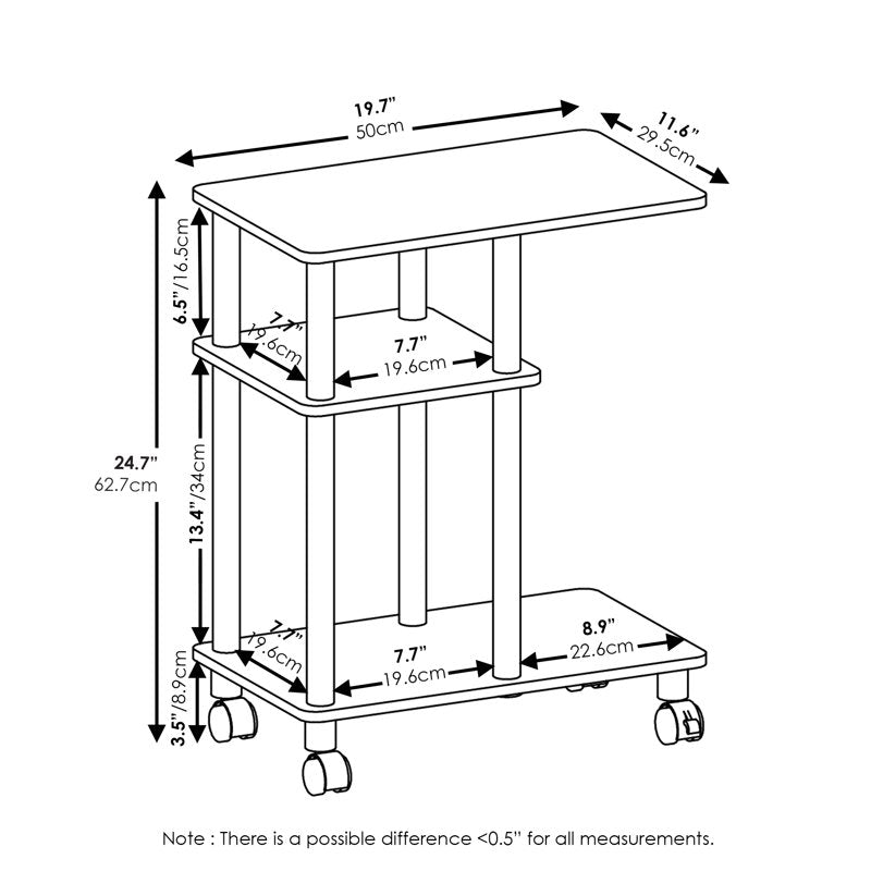 3-Tier C-Shape Side Table with Wheels - Open Shelf Design