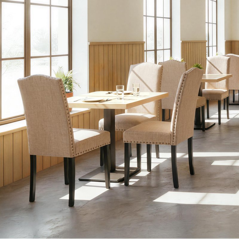 High Back Dining Chair Set of 2 with Solid Wood Legs - Khaki