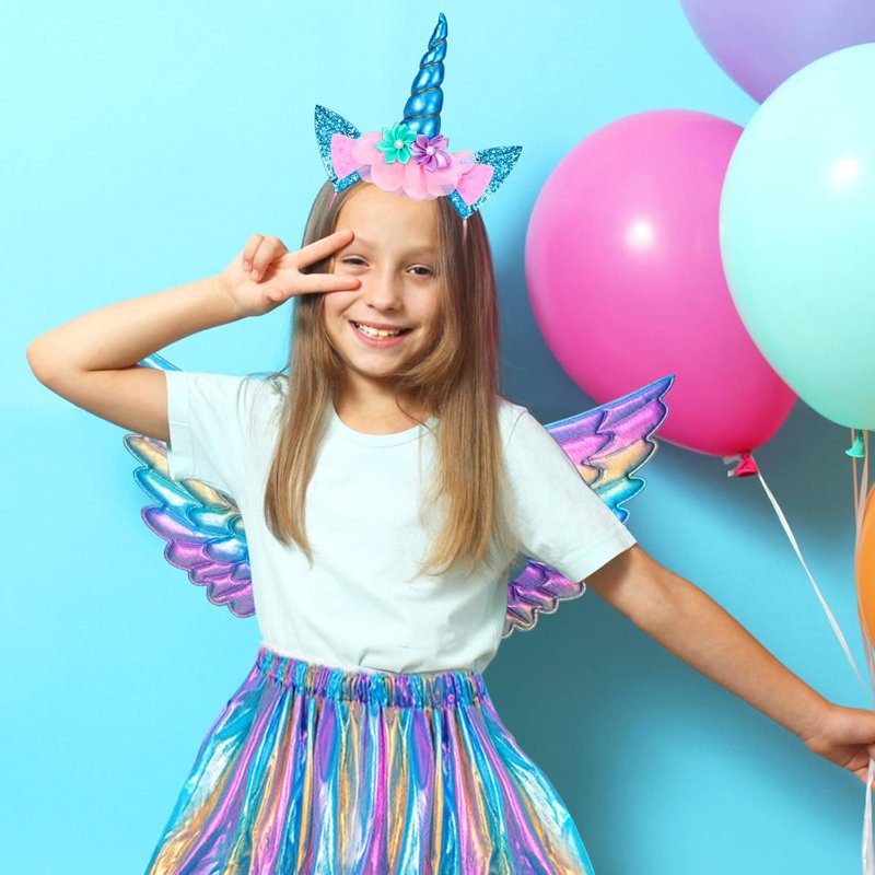 Blue Unicorn Kids Costume Skirt with Wings & Headband for Girls - Birthday & Holiday Dress-up
