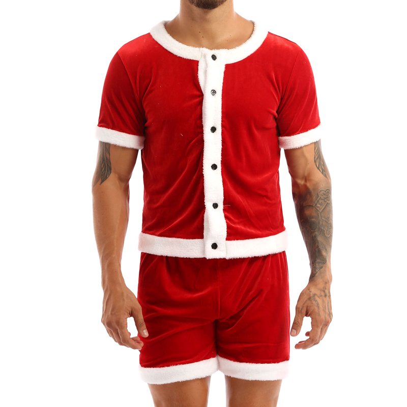 Men's Velvet Santa Costume Set - Short Sleeve Top & Elastic Waist Shorts, Red, Medium