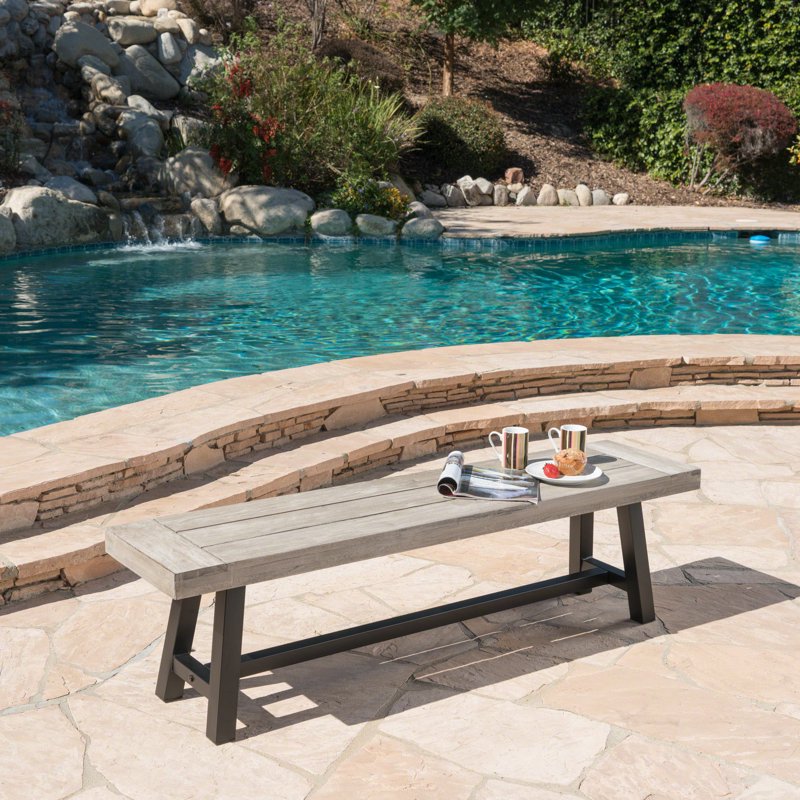 Outdoor Acacia Wood Bench - Sandblasted Light Gray/Black Rustic Metal