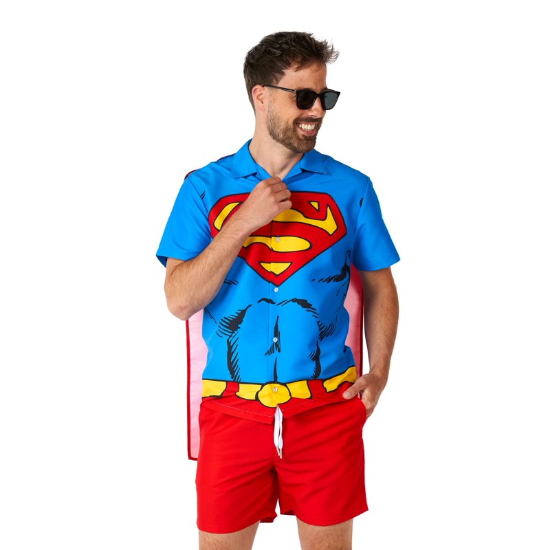Men's Superman Costume Set with Cape - Red, Size L, Includes Shirt & Shorts