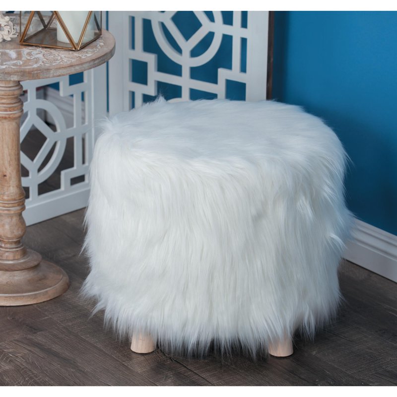 Contemporary White Faux Fur Stool - 19" Round Polyester Ottoman