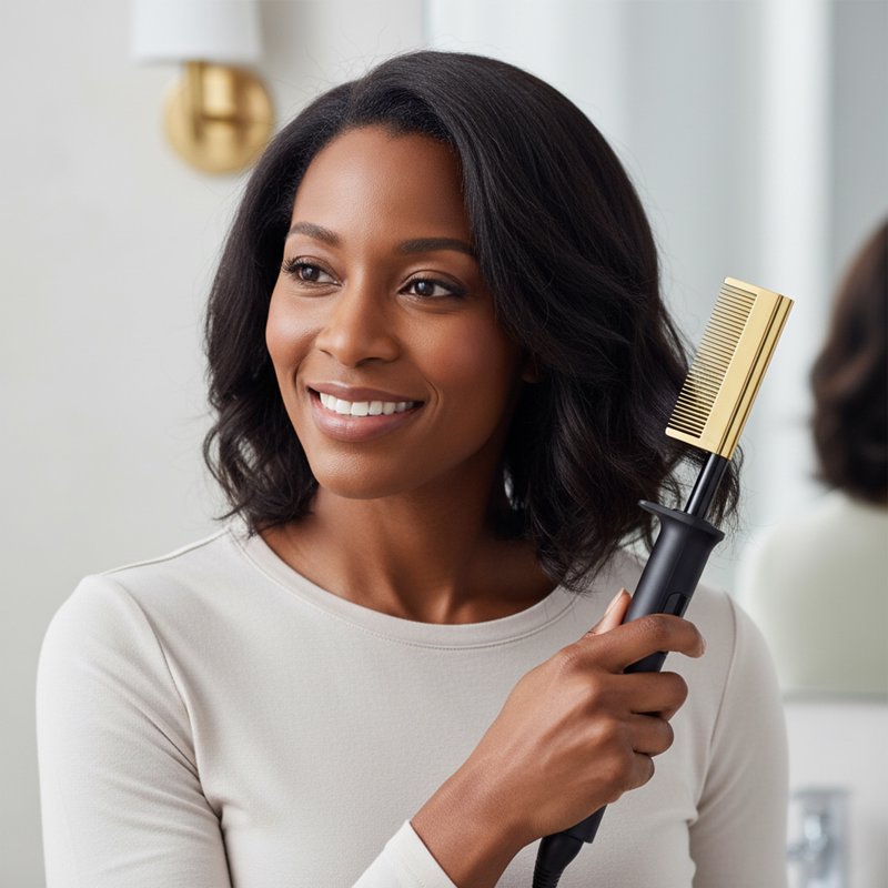 Gold Heated Pressing Hair Comb with LED Display - 450°F
