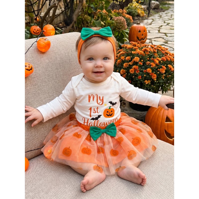Baby Girl Halloween Clothes Set - Orange, 0-3 Months Romper Tulle Skirt Headband 3 Pcs