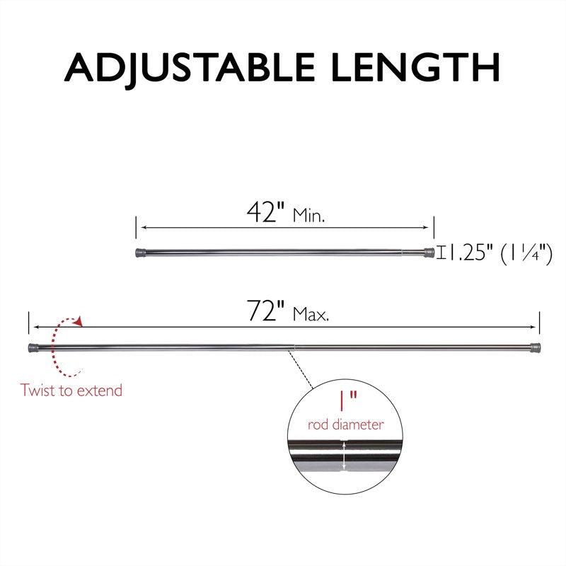 Chrome Adjustable Tension Shower Rod 42-72 Inches No Drill Expandable Bathroom Curtain Rod