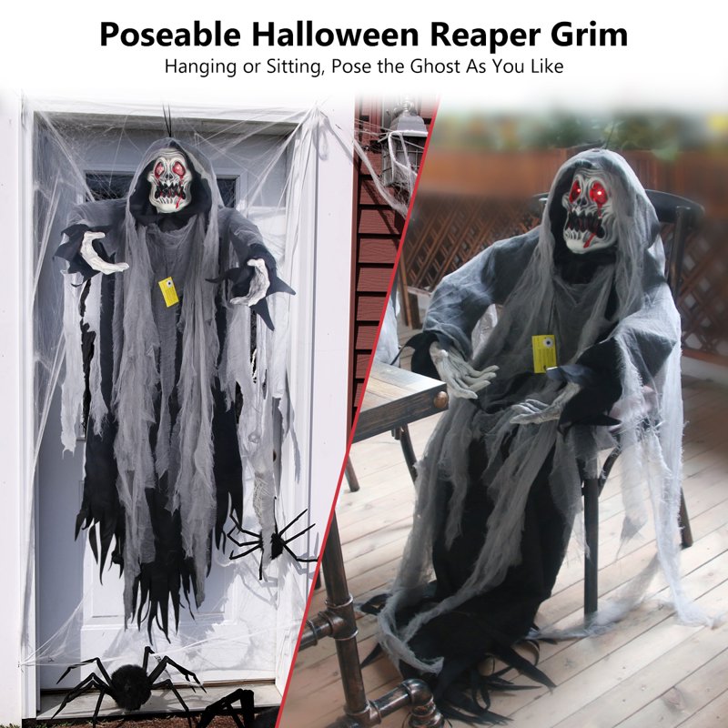 Halloween Hanging Grim Reaper Decoration - Black Skeleton Ghost with LED Eyes & Sound - 5.7 ft
