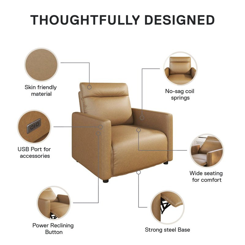 Power Recliner - Camel Faux Leather with USB Port