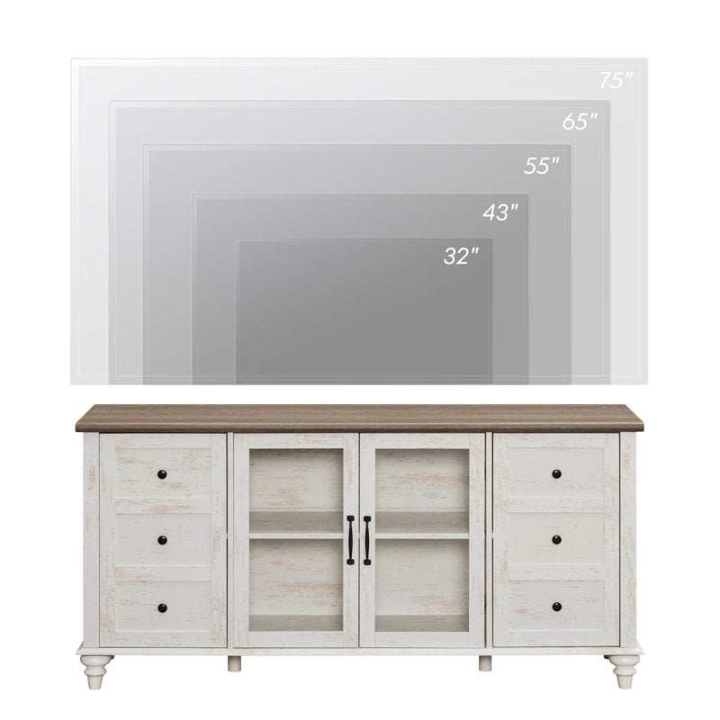Antique White Glass Door TV Stand for 65-Inch TVs - Farmhouse Style