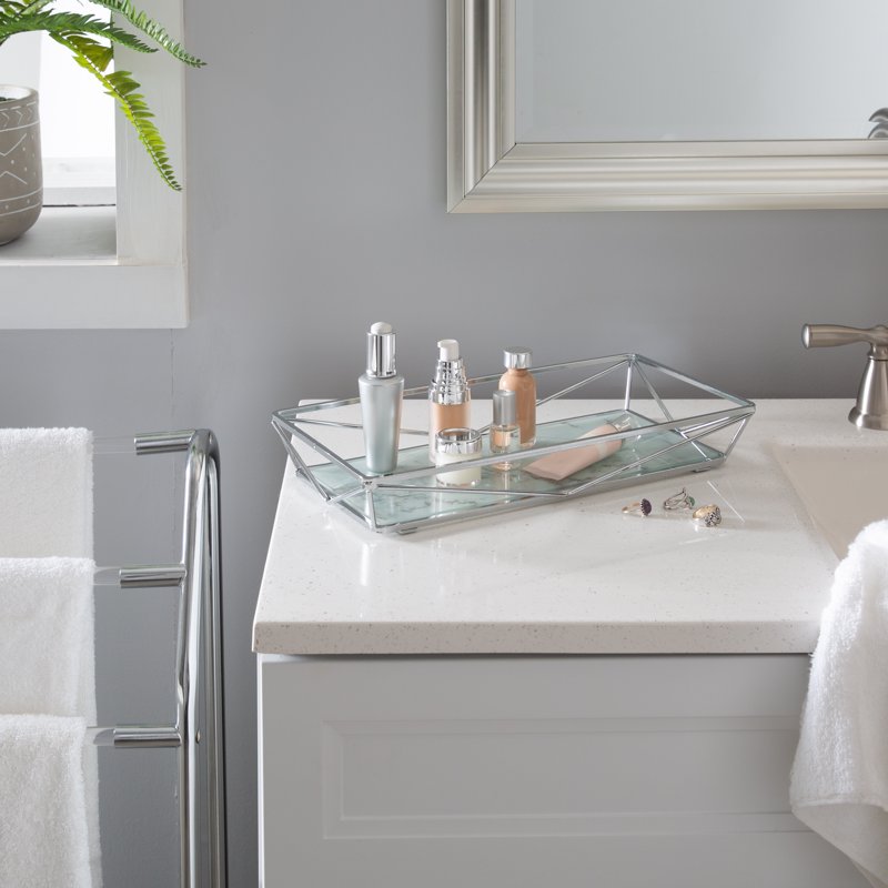 Large Marble Agate Rectangular Vanity Tray - Chrome Finish