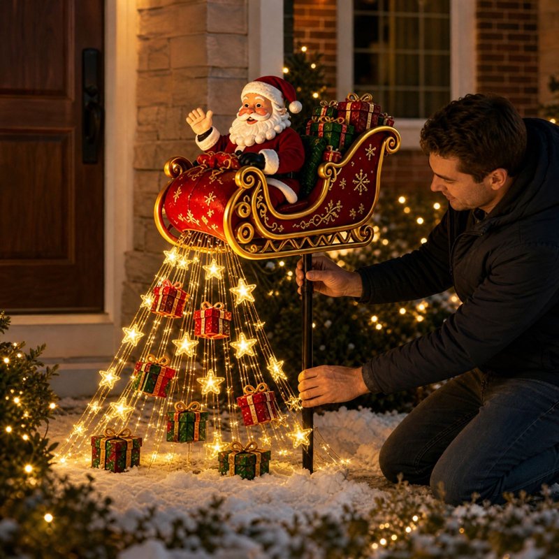 Santa Flying Sleigh Garden Light - Solar Christmas Display with Cascading Warm Lights B7