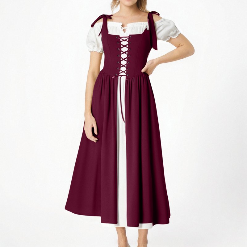 Women’s Renaissance Costume Dress - Vintage Medieval Peasant Style, AA-Wine, S