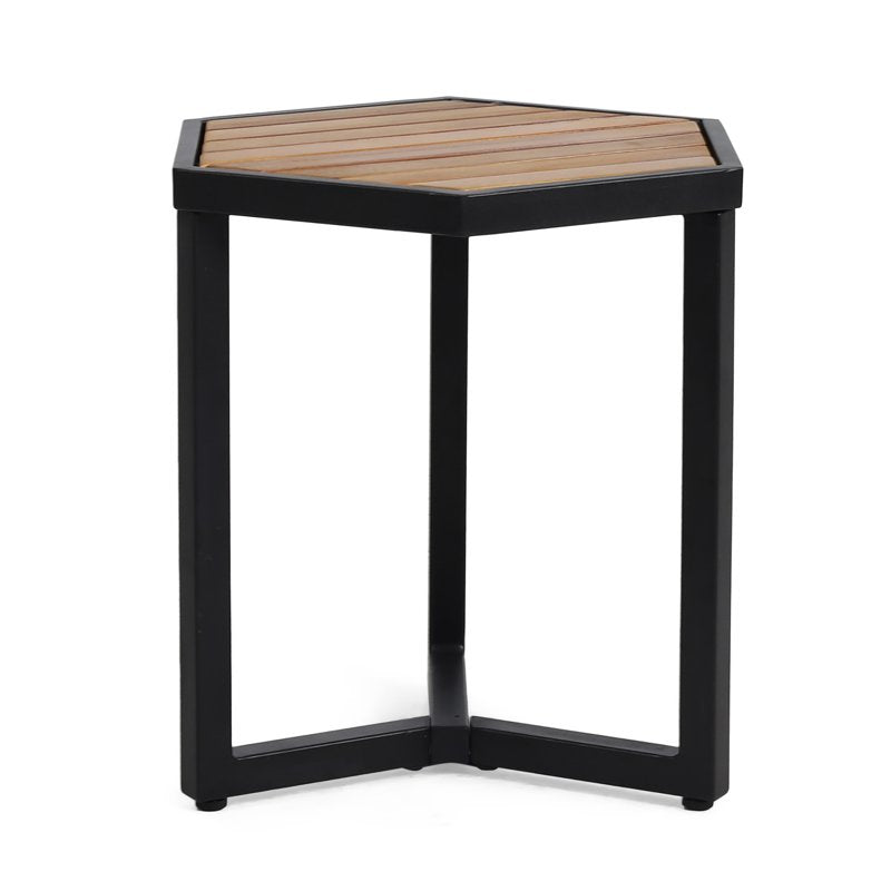 Acacia Wood Outdoor Side Table - Teak & Black Hexagonal Design