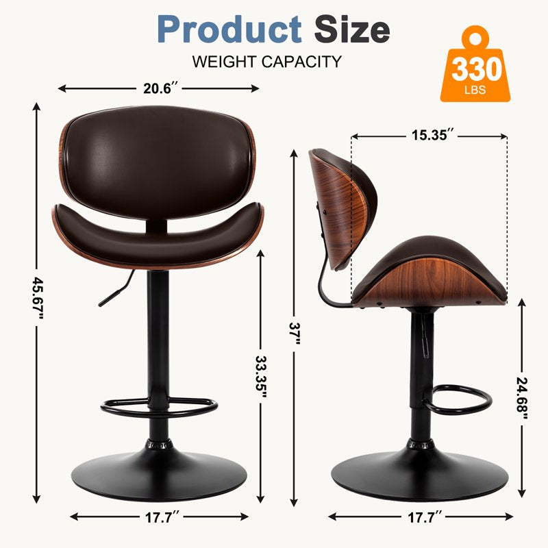 Adjustable Swivel Bar Stool - Brown PU Leather, Bentwood Design