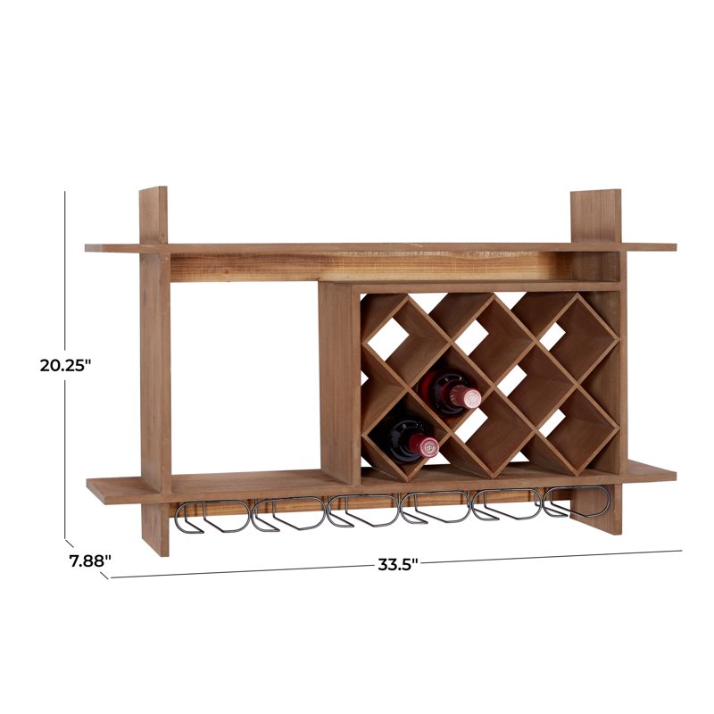 34" Brown Wood Geometric 8-Bottle Wall Wine Rack with Glass Holder