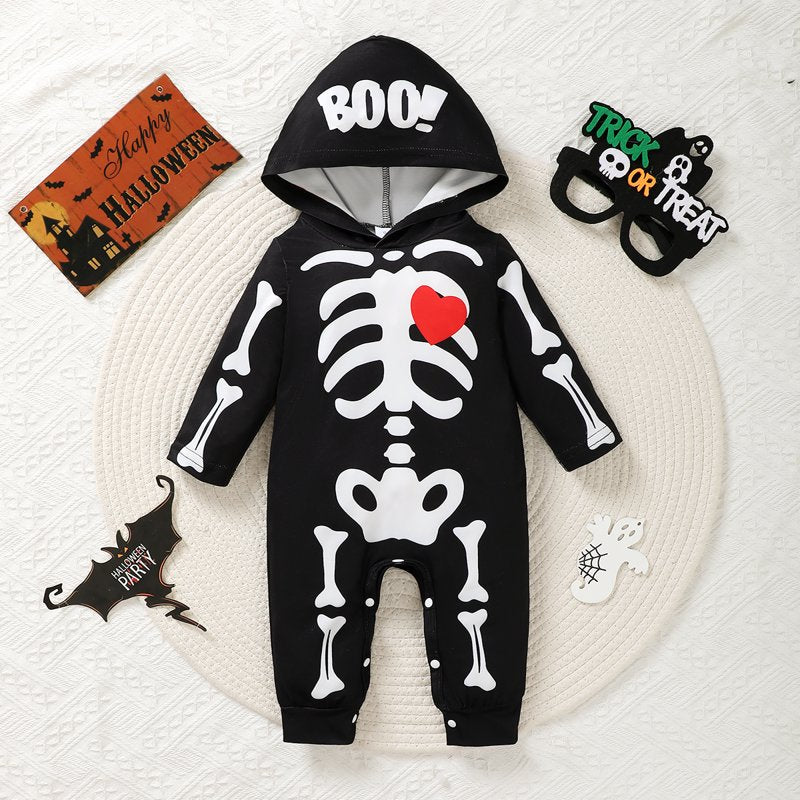 Baby Boys Halloween Skeleton Print Hooded Romper 12-18 Months Black