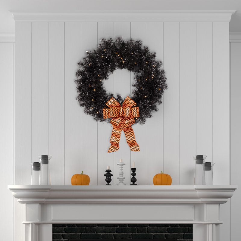 24-Inch Black Pre-Lit Halloween Tinsel Wreath with Clear Lights - Indoor Outdoor Decor
