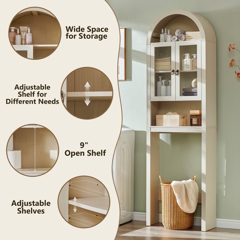 SinCiDo Cream Arched Over Toilet Storage Cabinet Modern Bathroom Shelf with Acrylic Doors