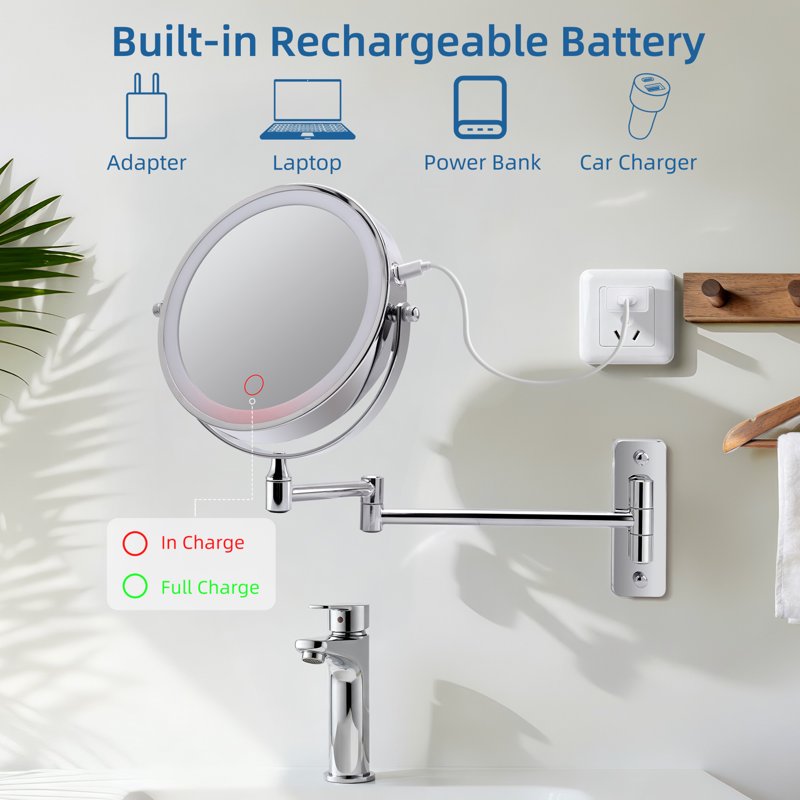 Rechargeable LED Wall Mounted Makeup Mirror - Double-Sided Magnification