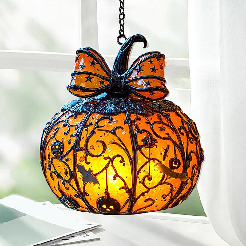 Halloween Stained Glass Hanging Pumpkin Ornament - Bat Star Design, Indoor Decor, Variation #01