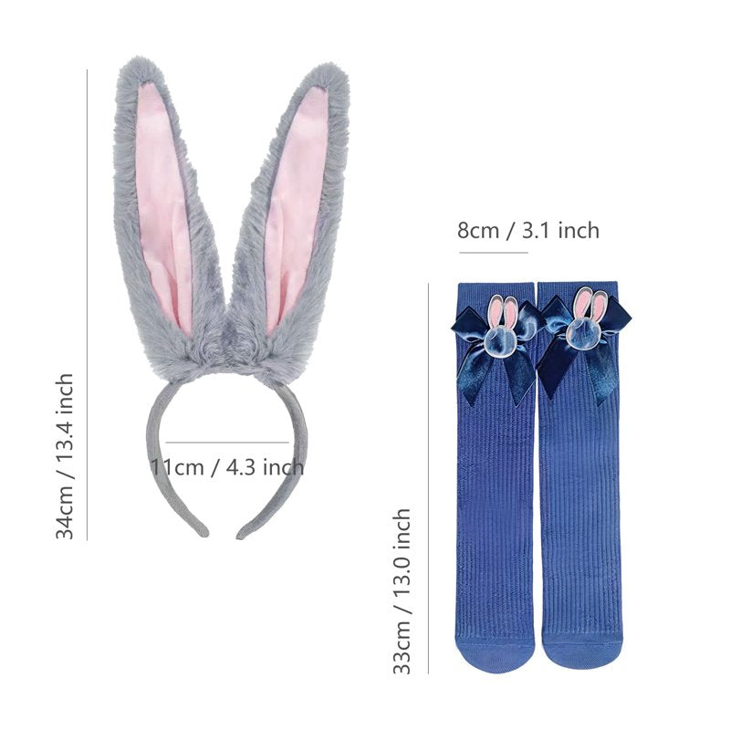 Kids Bunny Police Costume Dress Set with Bunny Ear Headband & Socks - Size 8-9 - Halloween Cosplay