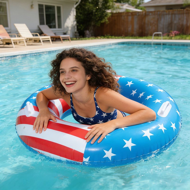 Patriotic USA Flag Pool Float with Handle - 24 Inch Swim Ring for Kids & Adults