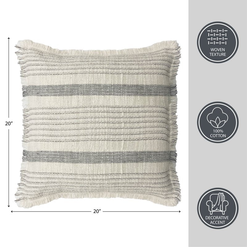 (2 Pack) Gray Striped Fringe Decorative Throw Pillow - 20x20 inch Cotton Cover, Plush Polyester Fill, Indoor Use - Variation of THIS listing 2