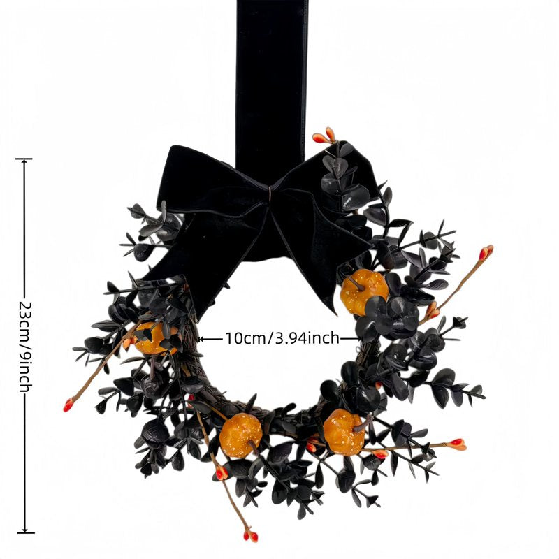 Halloween Wreath Set - 4 Mini 9-Inch Artificial Wreaths with Pumpkins & Velvet Bows